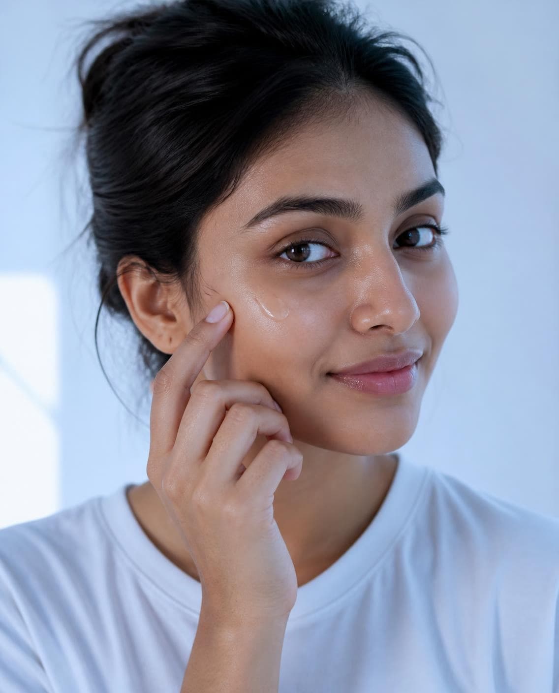 A young woman in a white t-shirt touching a drop of clear liquid to her cheek, smiling, in soft morning light.