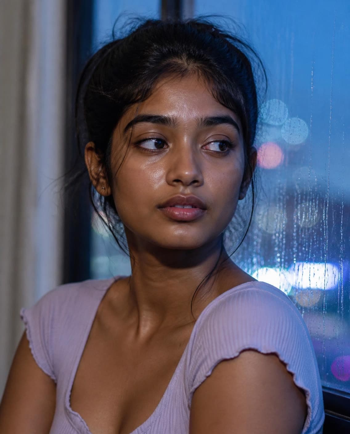 A young woman by a rain-streaked window at night, city lights blurred behind her.