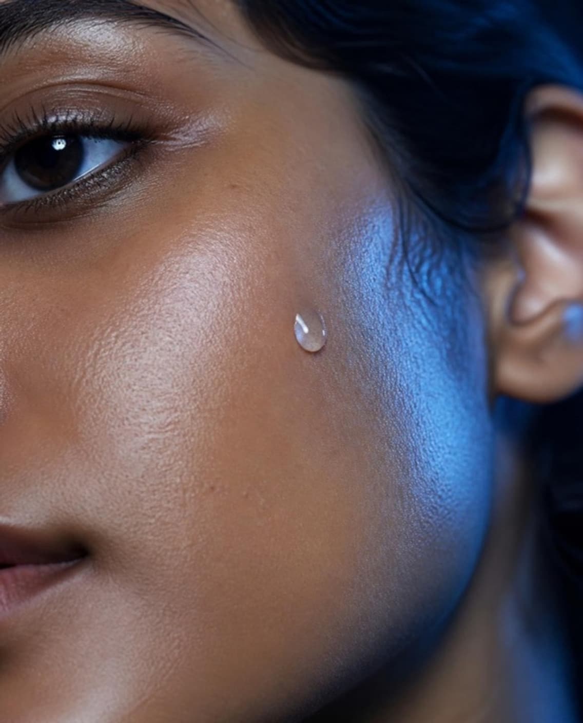 Close-up of skin in cool blue light, a single clear droplet on the cheek.
