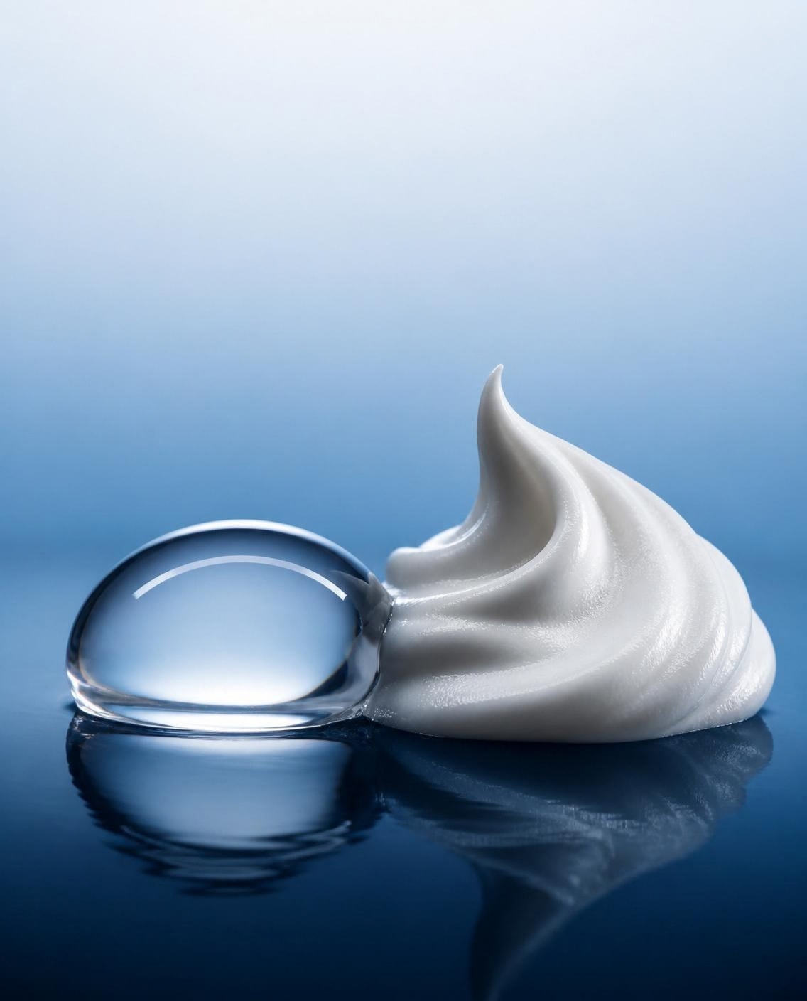 A clear drop of serum resting against a swirl of white cream on wet navy glass, in cool blue light.
